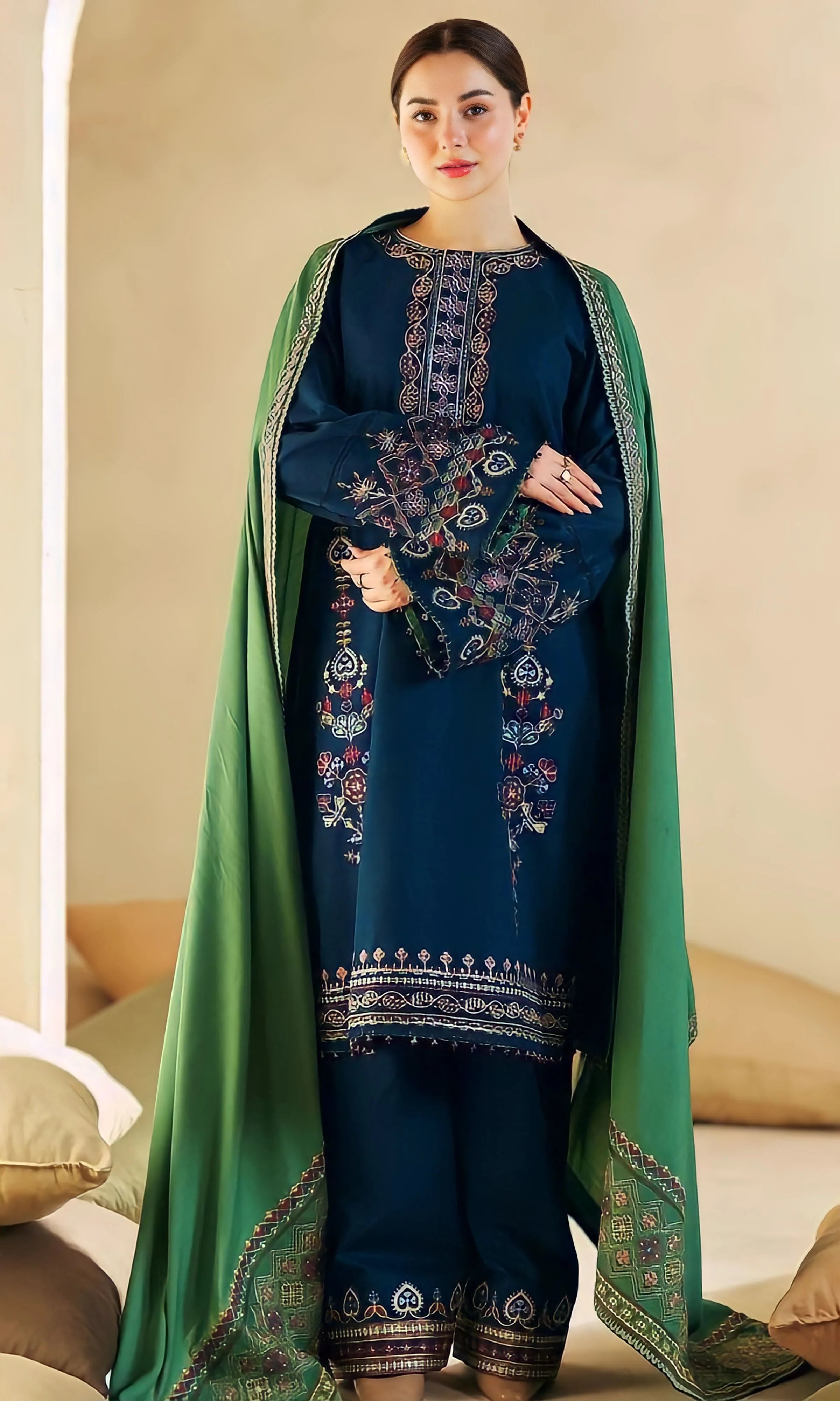 Zara Shahjahan 3 Piece Unstitched Heavy Embroidered Dhanak Suit With Four Sided Embroidered Dhanak Shawl