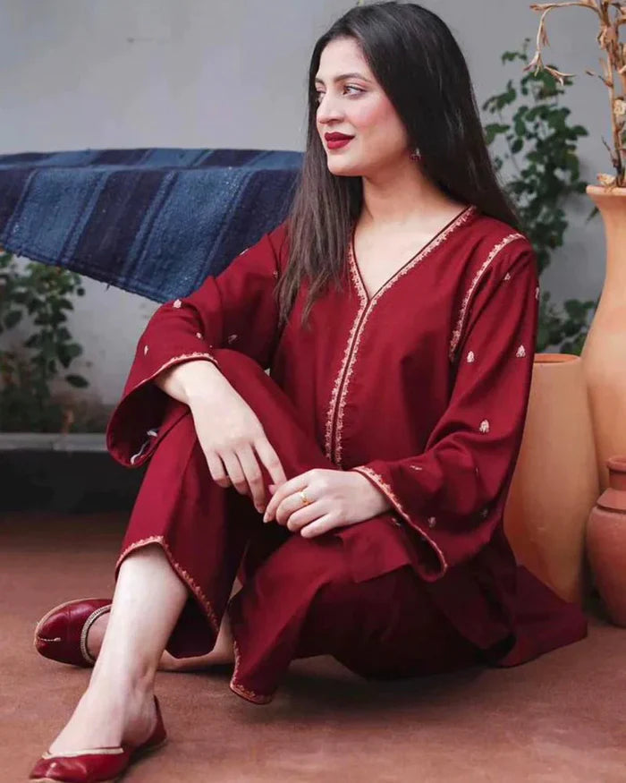 Asling 3PC Dhanak suit with Embroidered Shawll