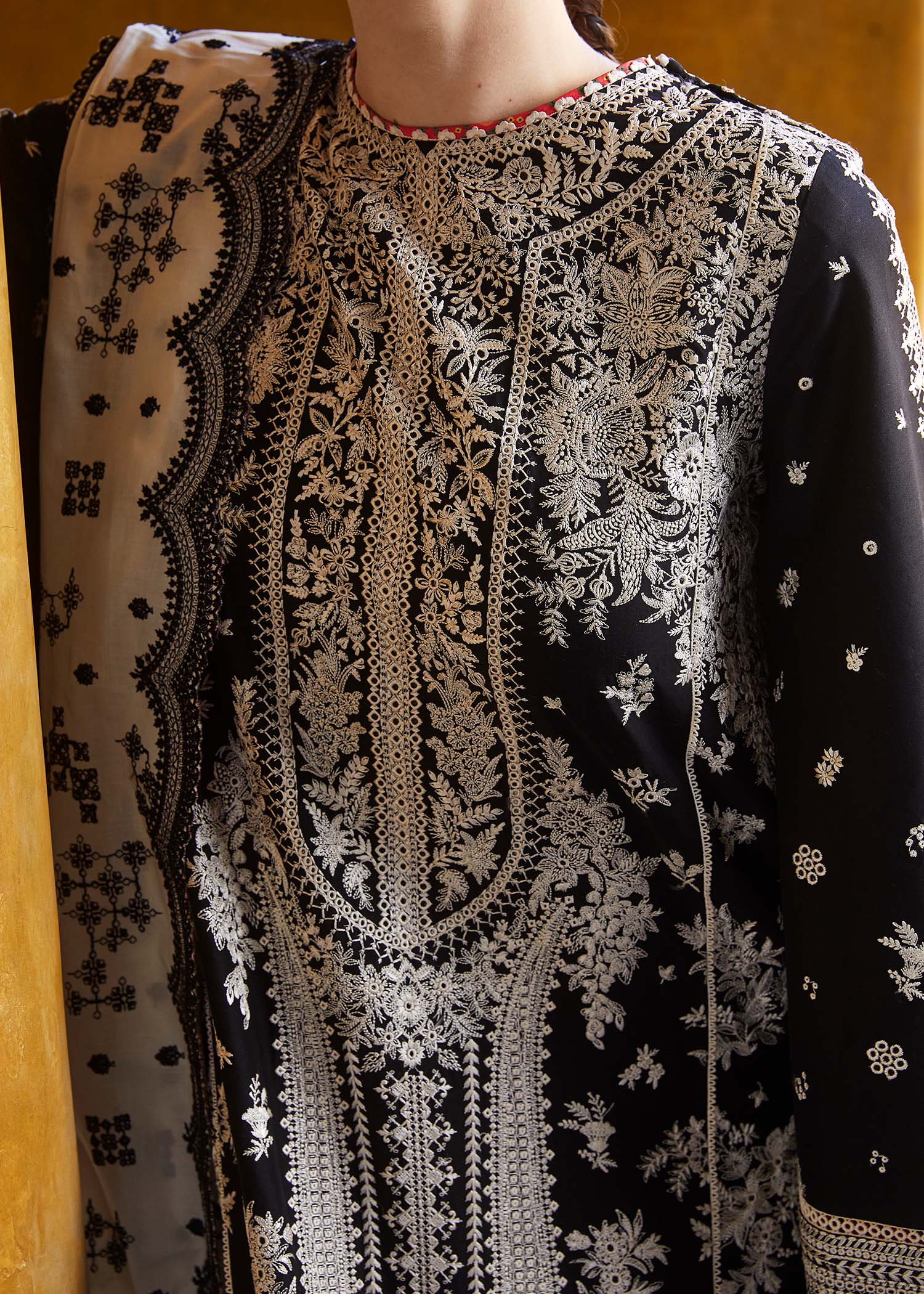 HUSSAIN REHAR-3PC DHANAK EMBROIDERED SHIRT WITH EMBROIDERED TROUSER