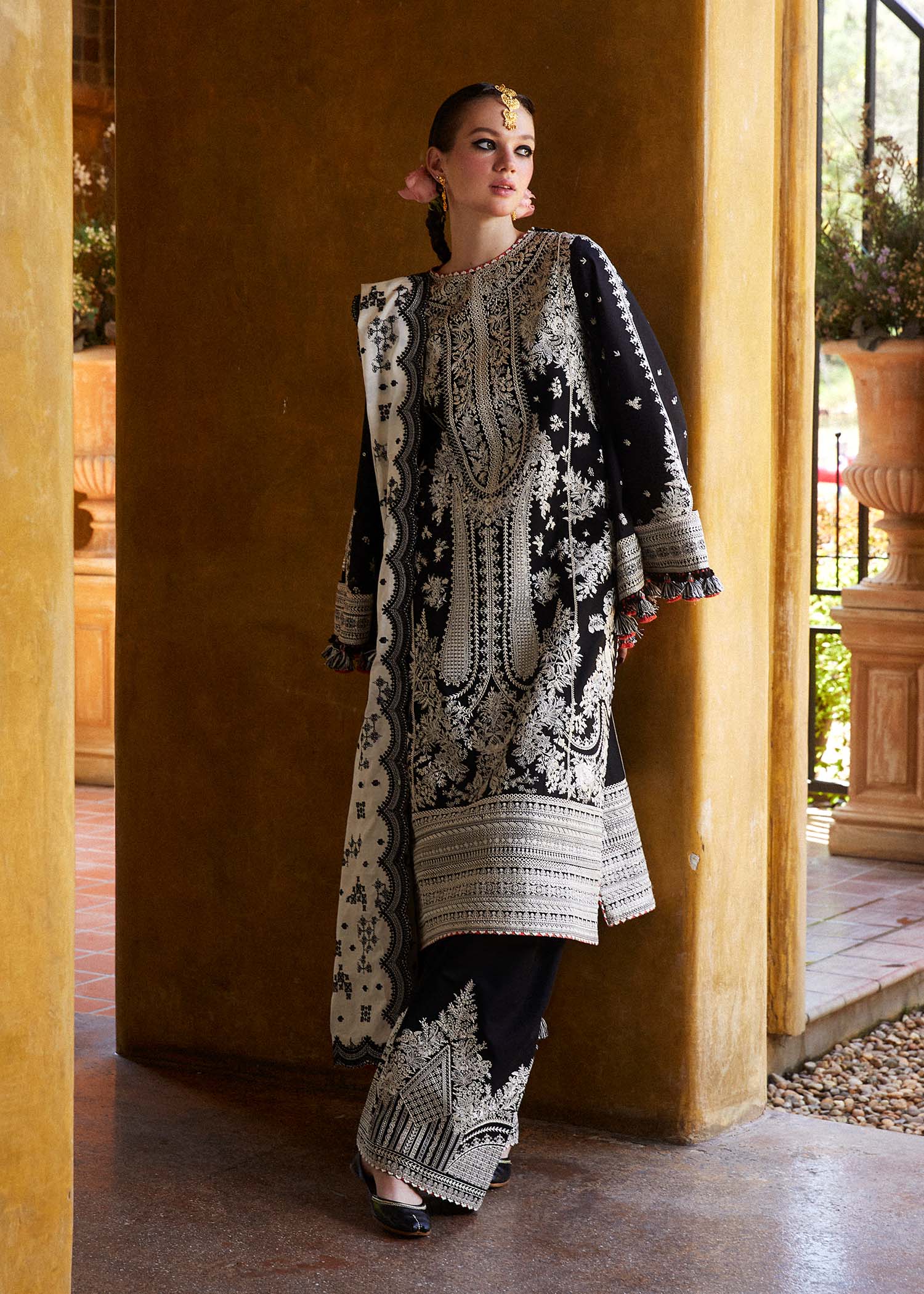 HUSSAIN REHAR-3PC DHANAK EMBROIDERED SHIRT WITH EMBROIDERED TROUSER