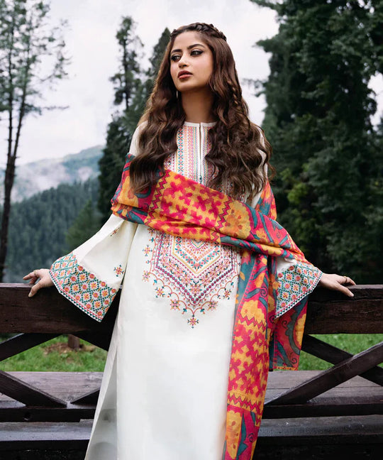 Shapphire 3 Piece Unstitched Heavy Embroidered Dhanak Suit with Printed Woolen Shawl