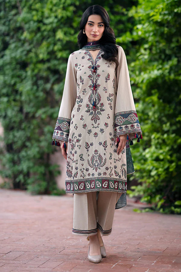JAZMIN-3PC DHANAK EMBROIDRED SHIRT WITH WOOL PRINT SHAWL AND TROUSER