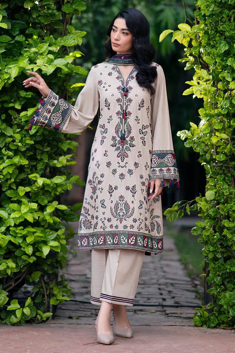 JAZMIN-3PC DHANAK EMBROIDRED SHIRT WITH WOOL PRINT SHAWL AND TROUSER