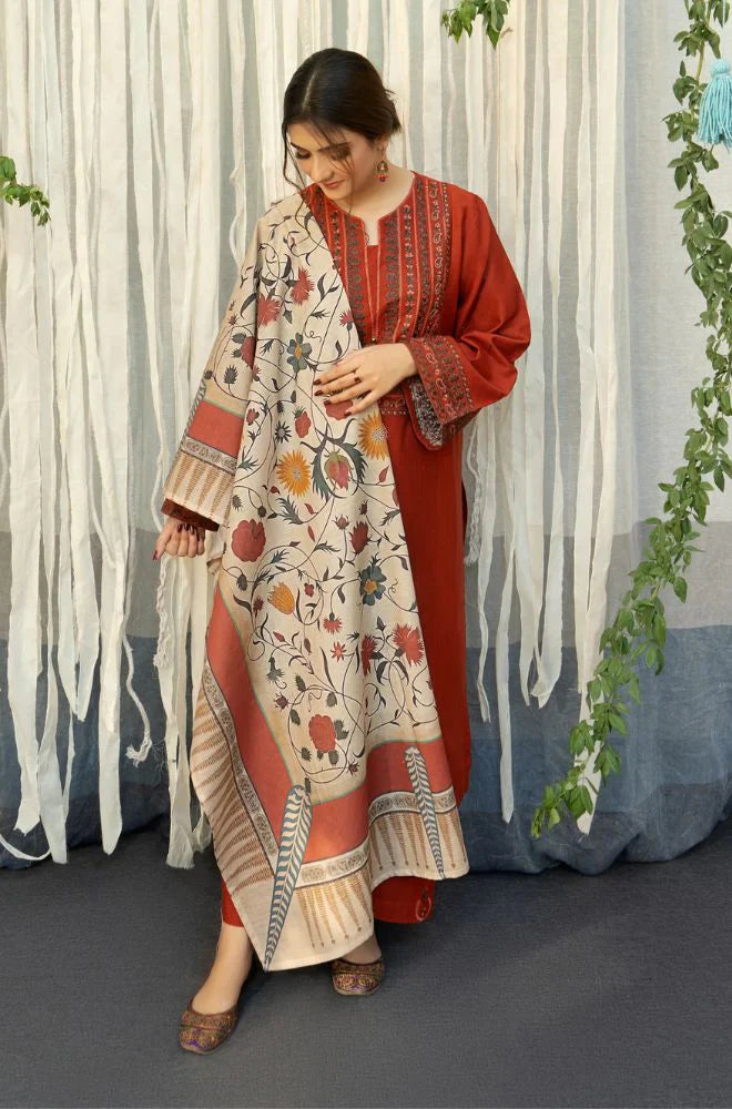 URGE - 3PC DHANAK EMBROIDERED SHIRT WITH COUTURE WOOL PRINT SHAWL AND TROUSER