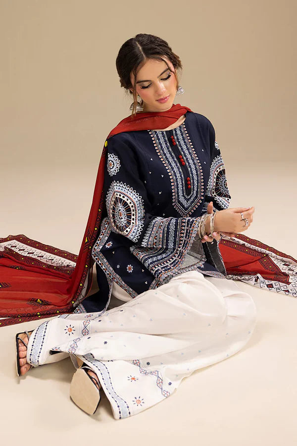 Jazmin 3PC DHANAK EMBROIDERED SHIRT WITH CORTRAI WOOL PRINTED SHAWL AND EMB TROUSER