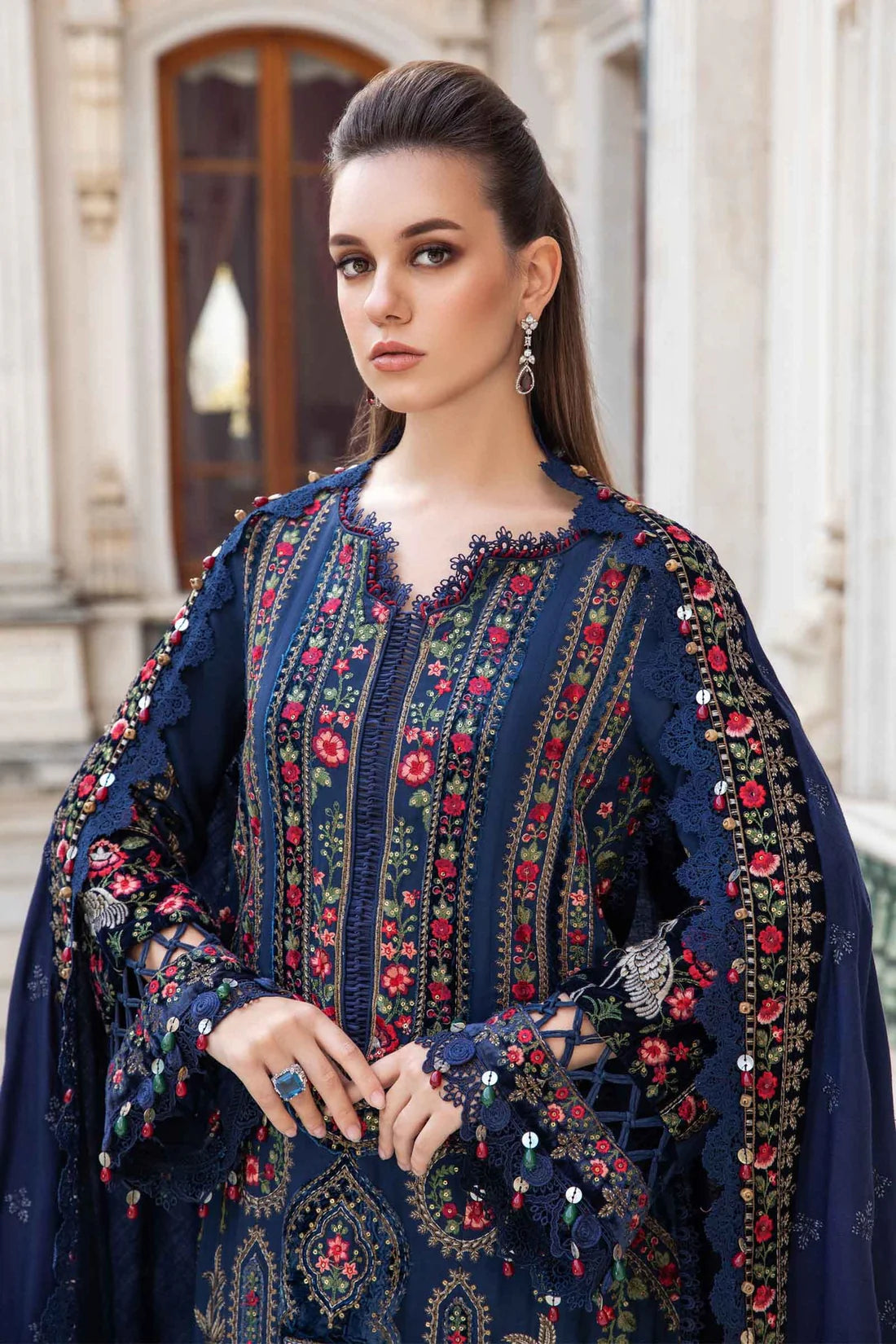 Maria.B 3 Piece - Unstitched Dhanak Stuff Full Embroidered Suit With Full Embroidered Shawl With Extra Patches