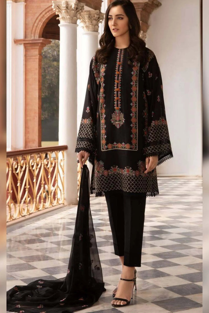 Bareeze -Embroided 3pc linen dress with embroidered Bamber chiffon dupatta