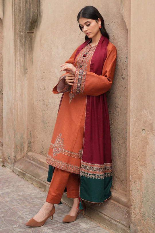 Jazmin 3 Piece Unstitched Heavy Embroidered Dhanak Suit with Printed Woolen Shawl