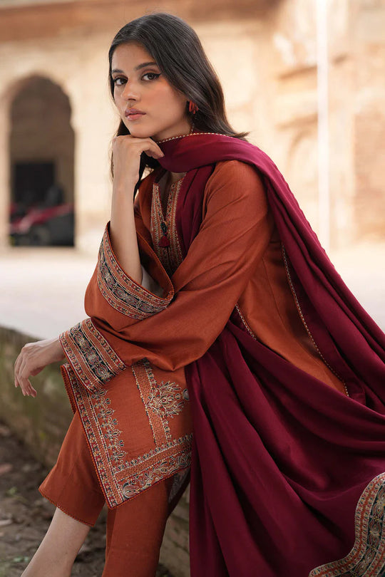 Jazmin 3 Piece Unstitched Heavy Embroidered Dhanak Suit with Printed Woolen Shawl