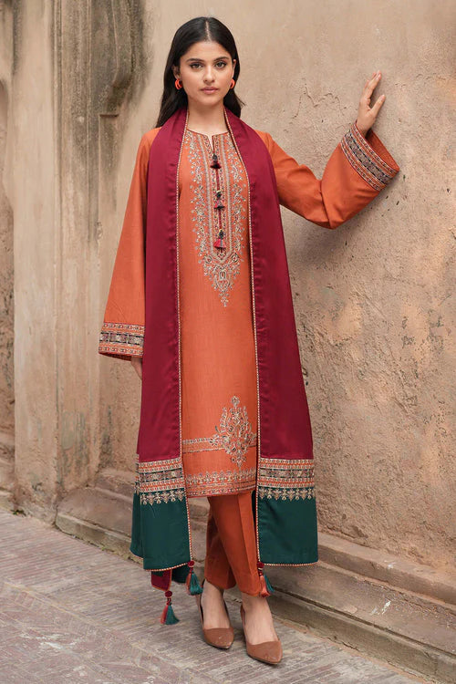 Jazmin 3 Piece Unstitched Heavy Embroidered Dhanak Suit with Printed Woolen Shawl
