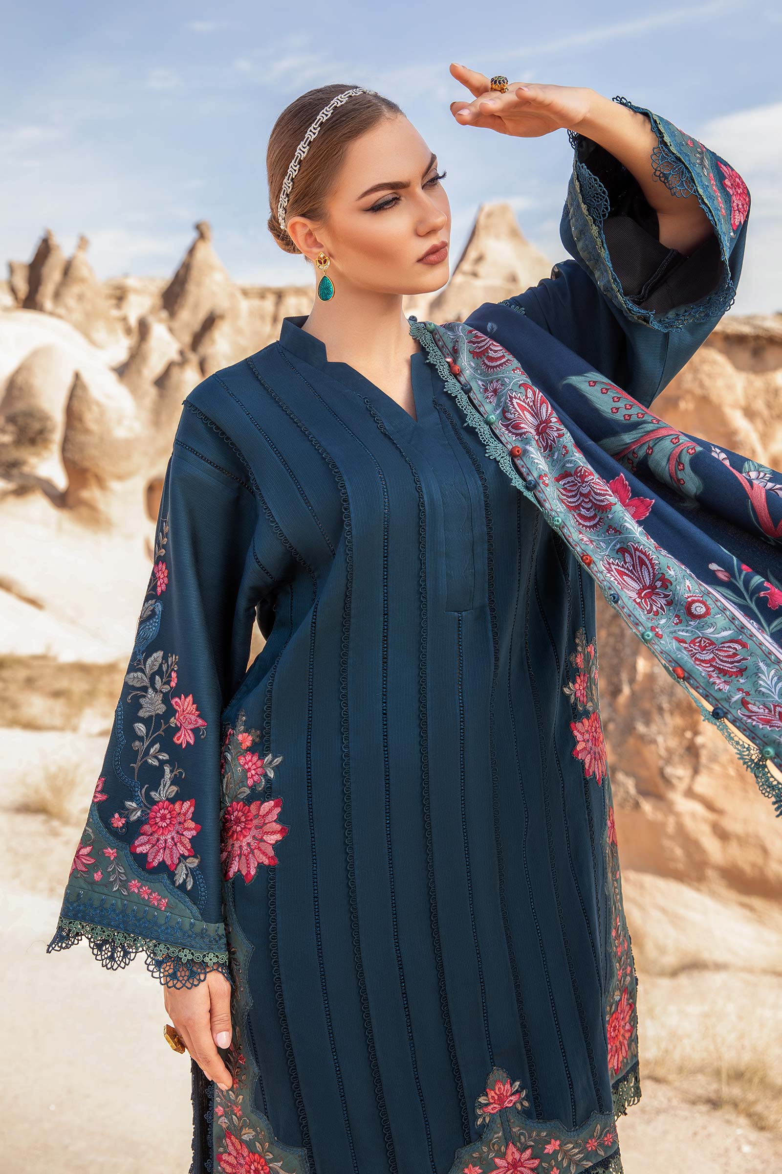 MARIA B - 3PC DHANAK EMBROIDERED SHIRT WITH COUTURE PRINT SHAWL AND TROUSER