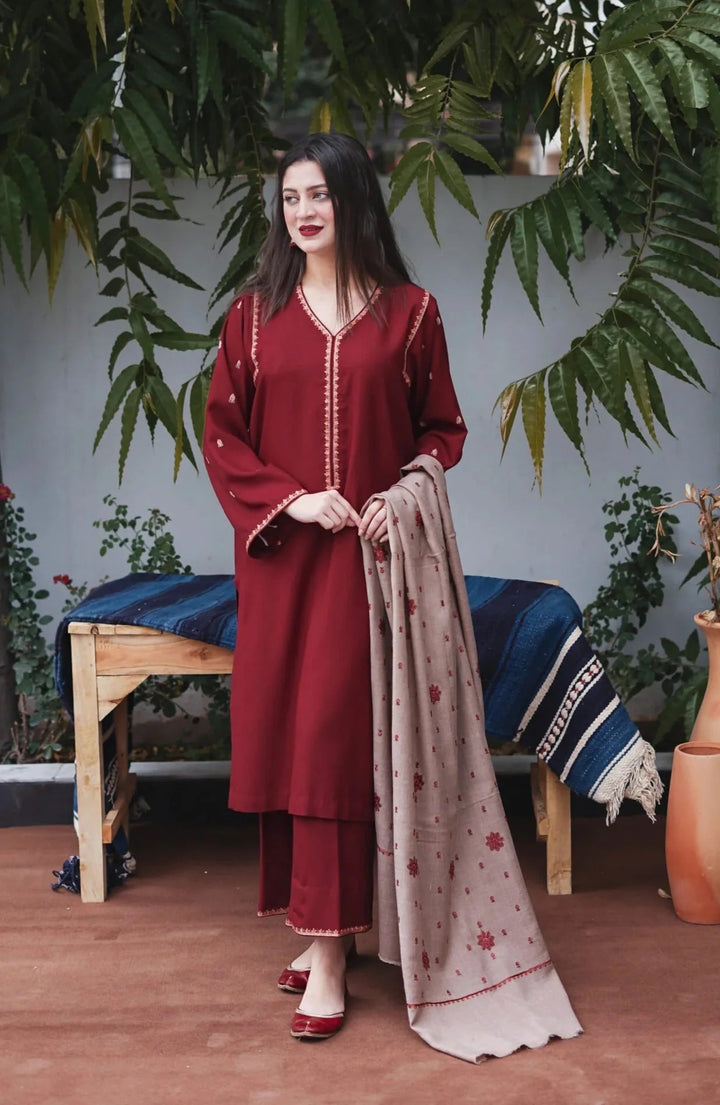 Asling 3PC Dhanak suit with Embroidered Shawll