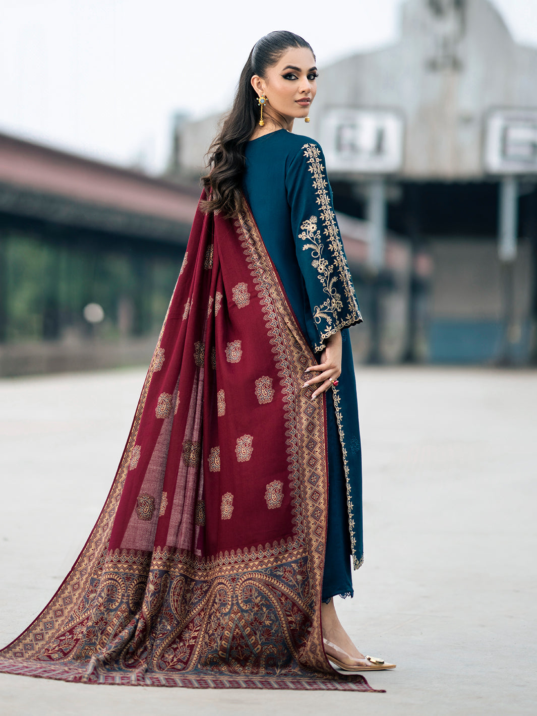 IZEL-3PC DHANAK EMBROIDERED SHIRT WITH COURTRAI PRINTED SHAWL & TROUSER-