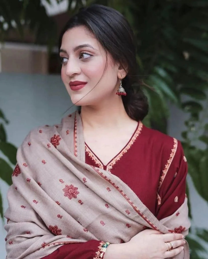Asling 3PC Dhanak suit with Embroidered Shawll