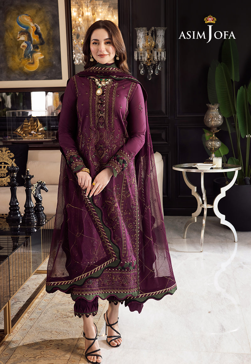 ASIM JOFA-3PC DHANAK EMBROIDERED SHIRT WITH DHANAK EMBROIDERED SHAWL & DHANAK TOUSER
