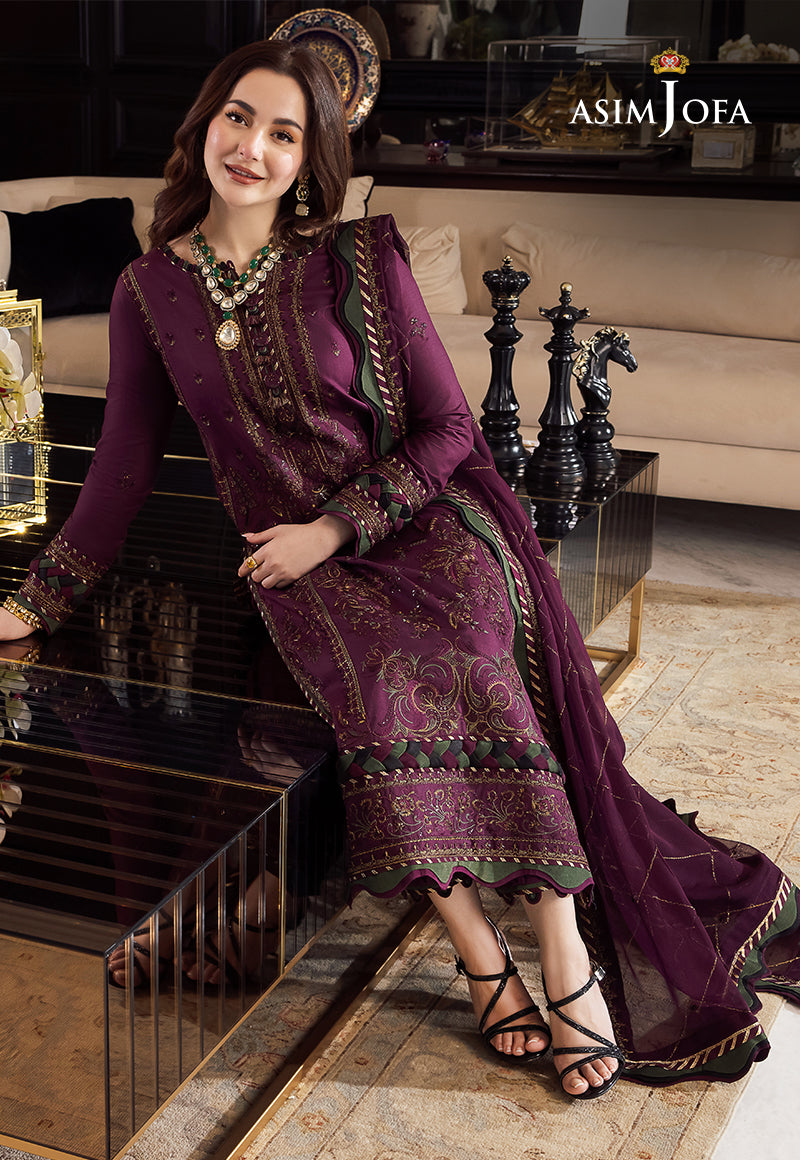 ASIM JOFA-3PC DHANAK EMBROIDERED SHIRT WITH DHANAK EMBROIDERED SHAWL & DHANAK TOUSER